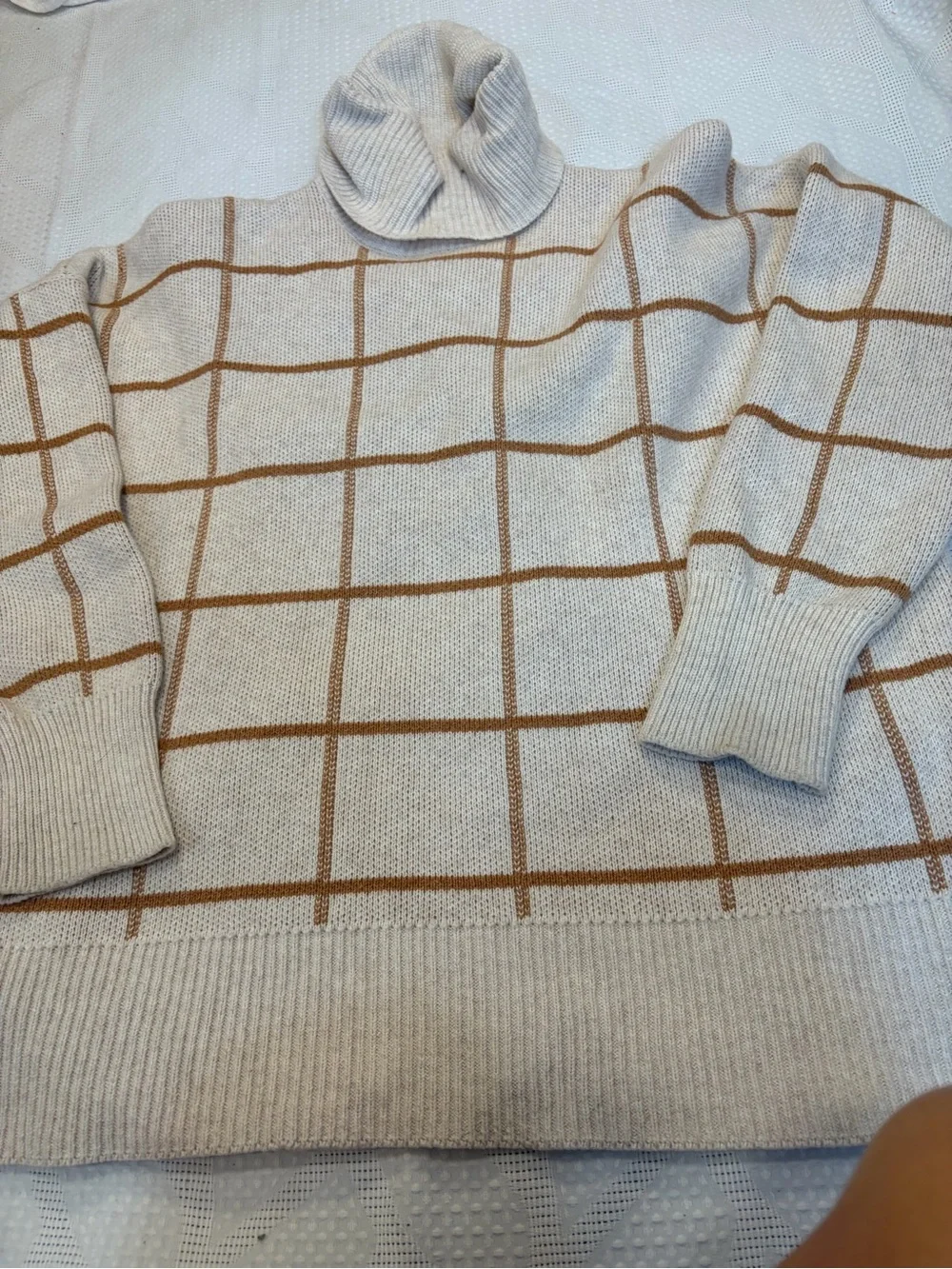 Madewell Cream and Camel Windowpane Turtleneck Sweater